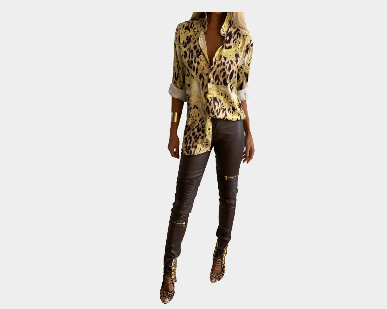 96 Vintage White and Gold Print Baroque Long Sleeve Shirt - The Milano