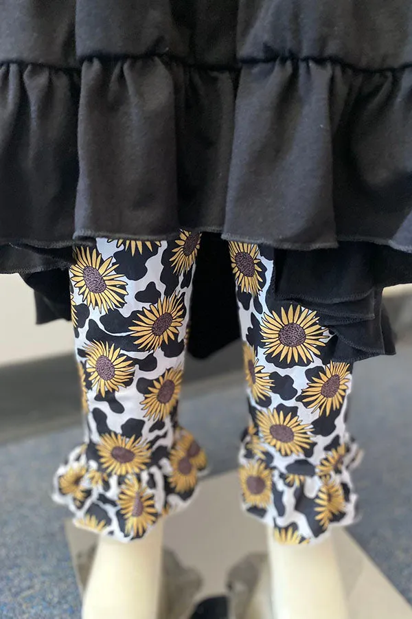 DLH2539 Black high low long sleeve top sunflower & cow ruffle legging girls sets